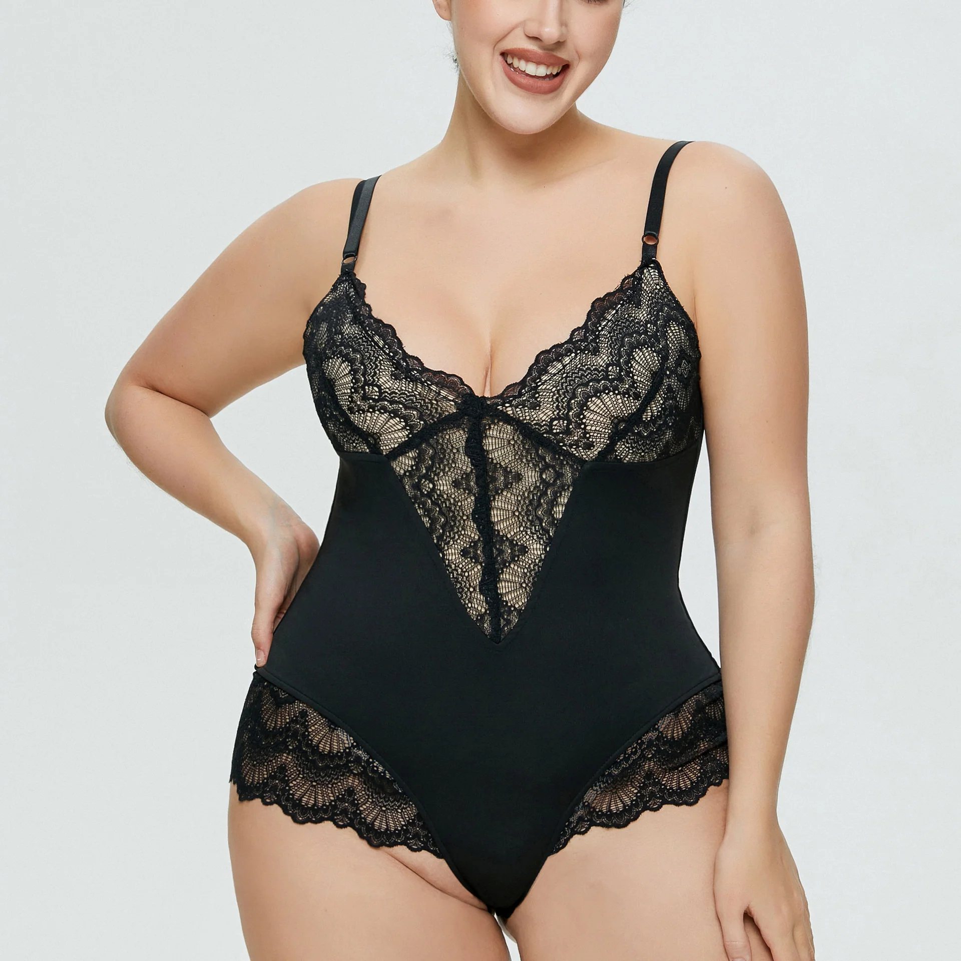 Women's Bodysuit Plus Size Sexy Lingerie Lace Stitching Sexy Thong Suspenders Jumpsuit 3 Colors